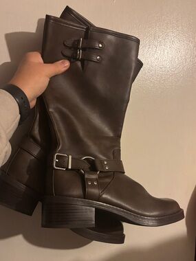 Sm New York Hannah Dark Brown Leather Mid-Calf Buckle Combat Boots